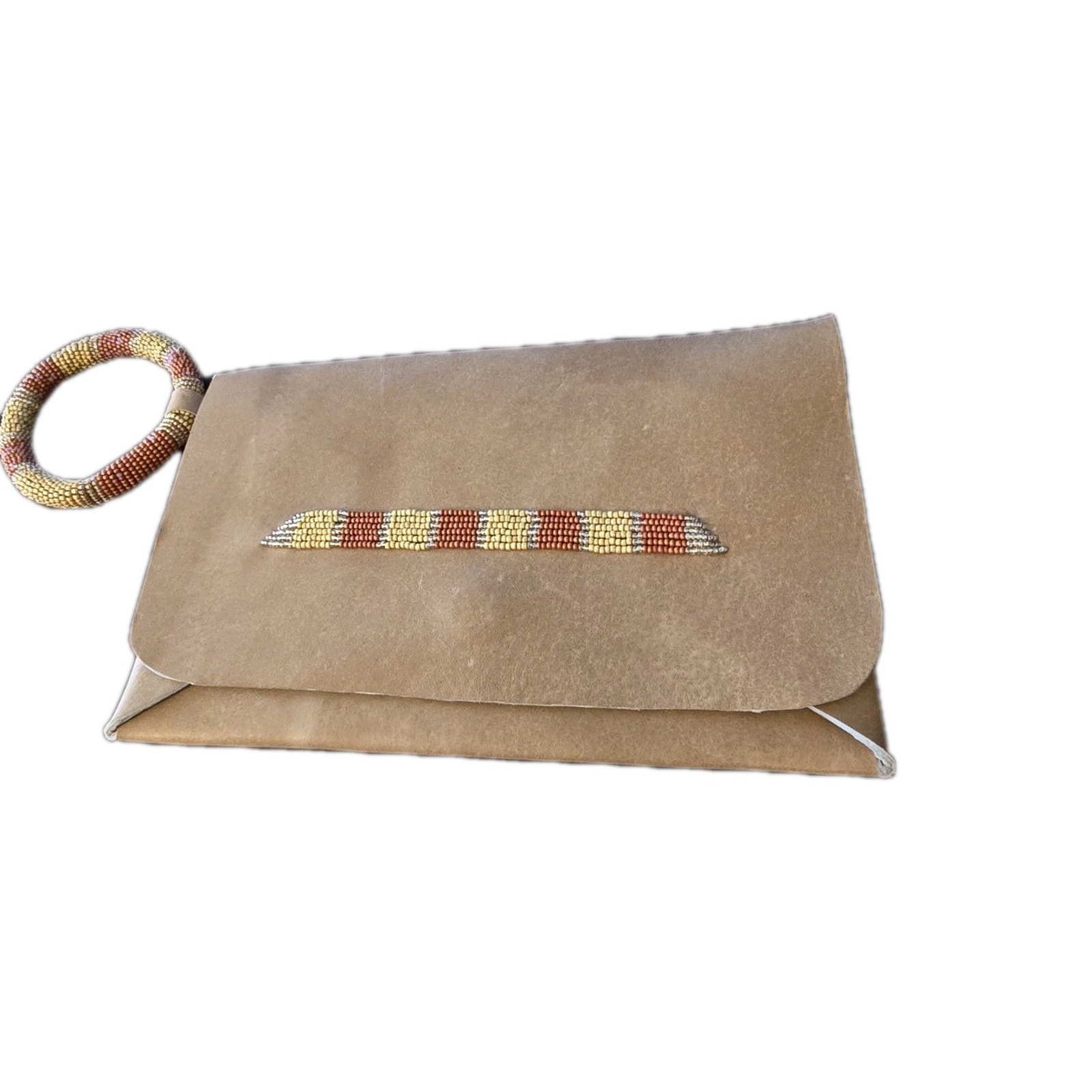 Laidback London Handmade Tan Leather Rust Beaded Clutch Brand New
